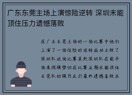 广东东莞主场上演惊险逆转 深圳未能顶住压力遗憾落败
