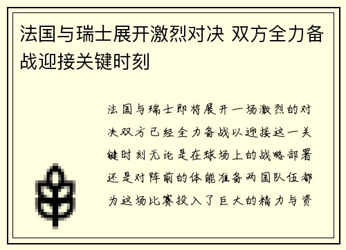 法国与瑞士展开激烈对决 双方全力备战迎接关键时刻